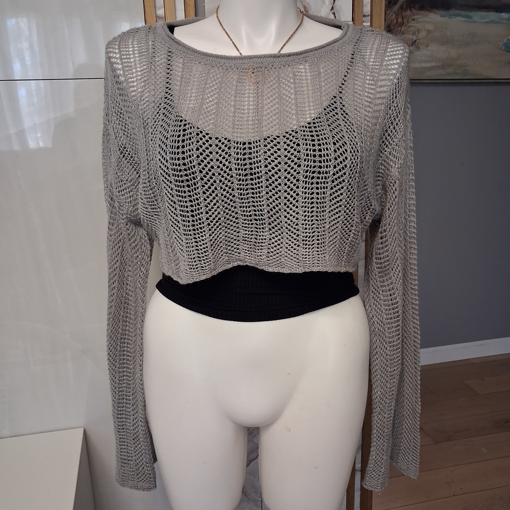 Gray Mesh Knit Women's Top